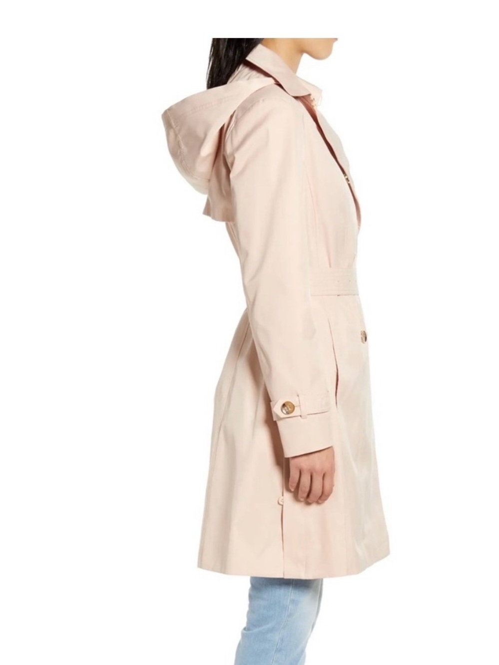 ๐ COLE HAAN Blush Pink Trench Coat with Belt & Removable hood. LIKE NEW Large - Picture 3 of 10